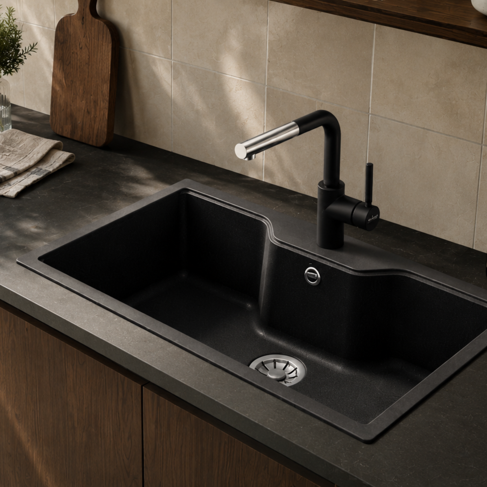 render vista laterale lavello da cucina in Kuarzite Tondo L sopratop nero