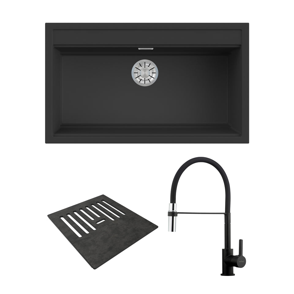 Desiderata L Black + Complement 340 Petra Cutting Board + Tahlia Black