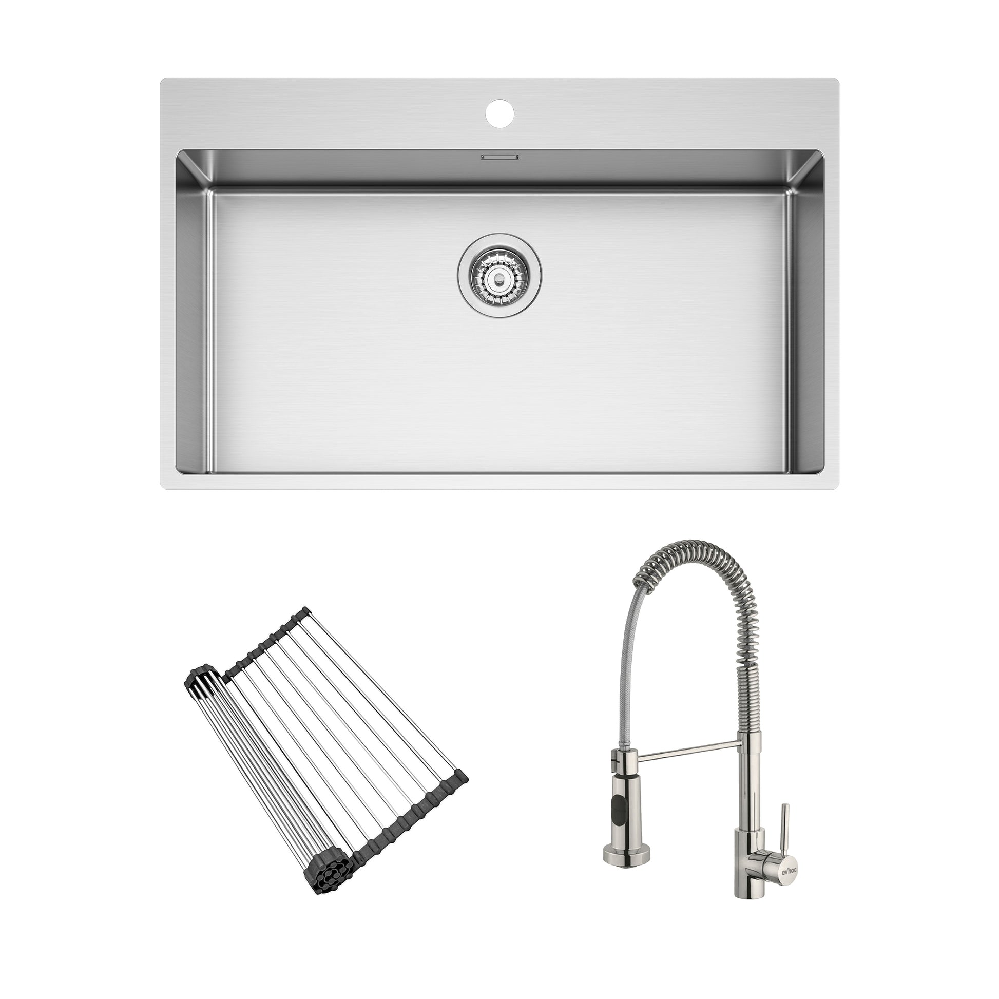 Set lavello sopratop acciaio inox + griglia arrotolabile + miscelatore nichel