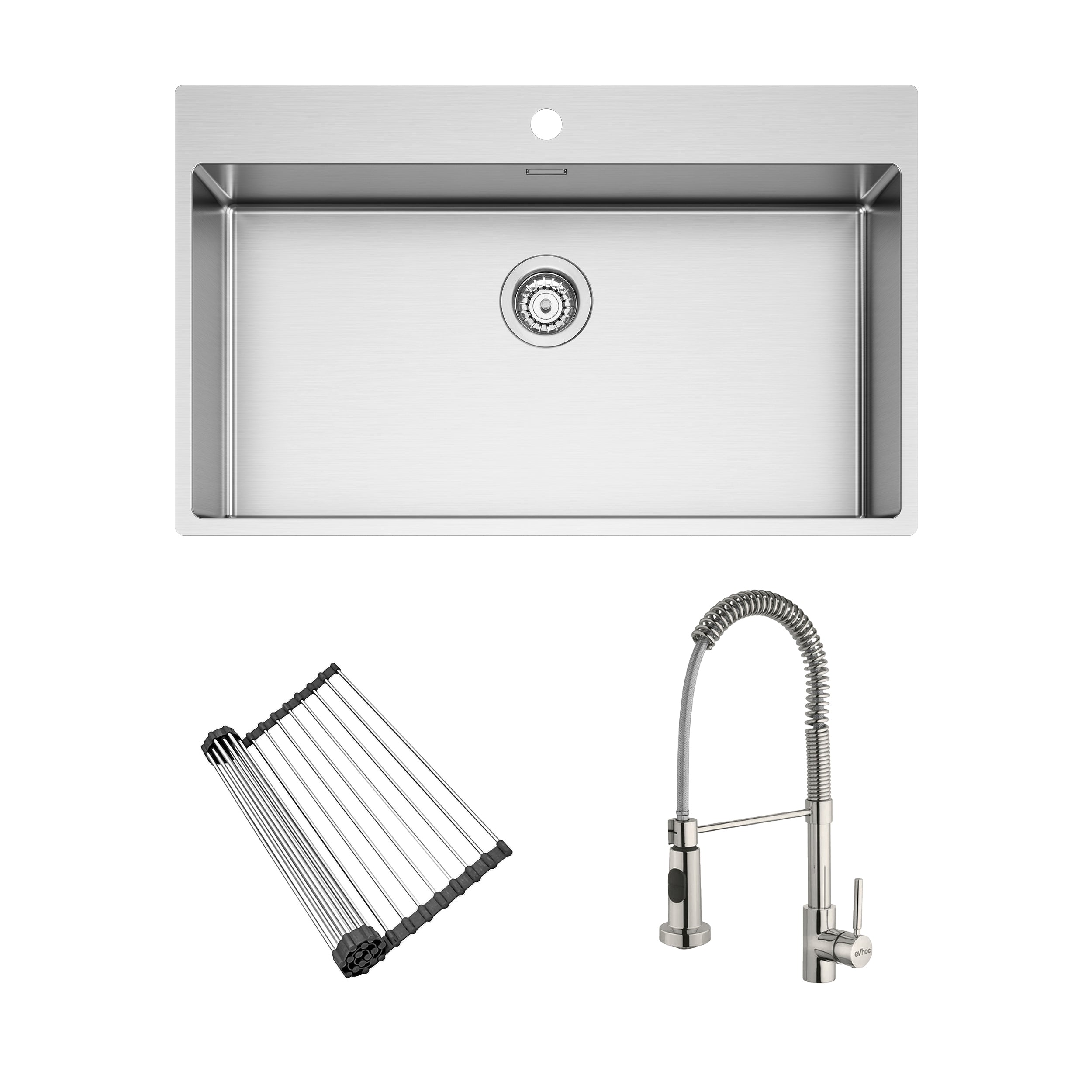 Set lavello sopratop acciaio inox + griglia arrotolabile + miscelatore nichel