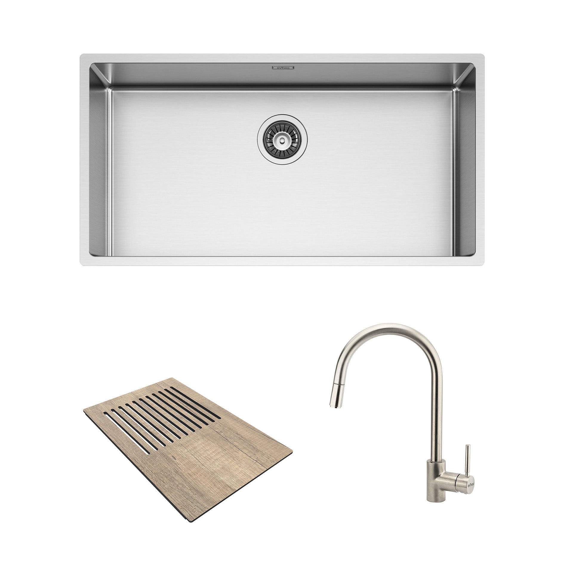 Set lavello sottotop acciaio inox + tagliere in hpl legno + miscelatore nichel