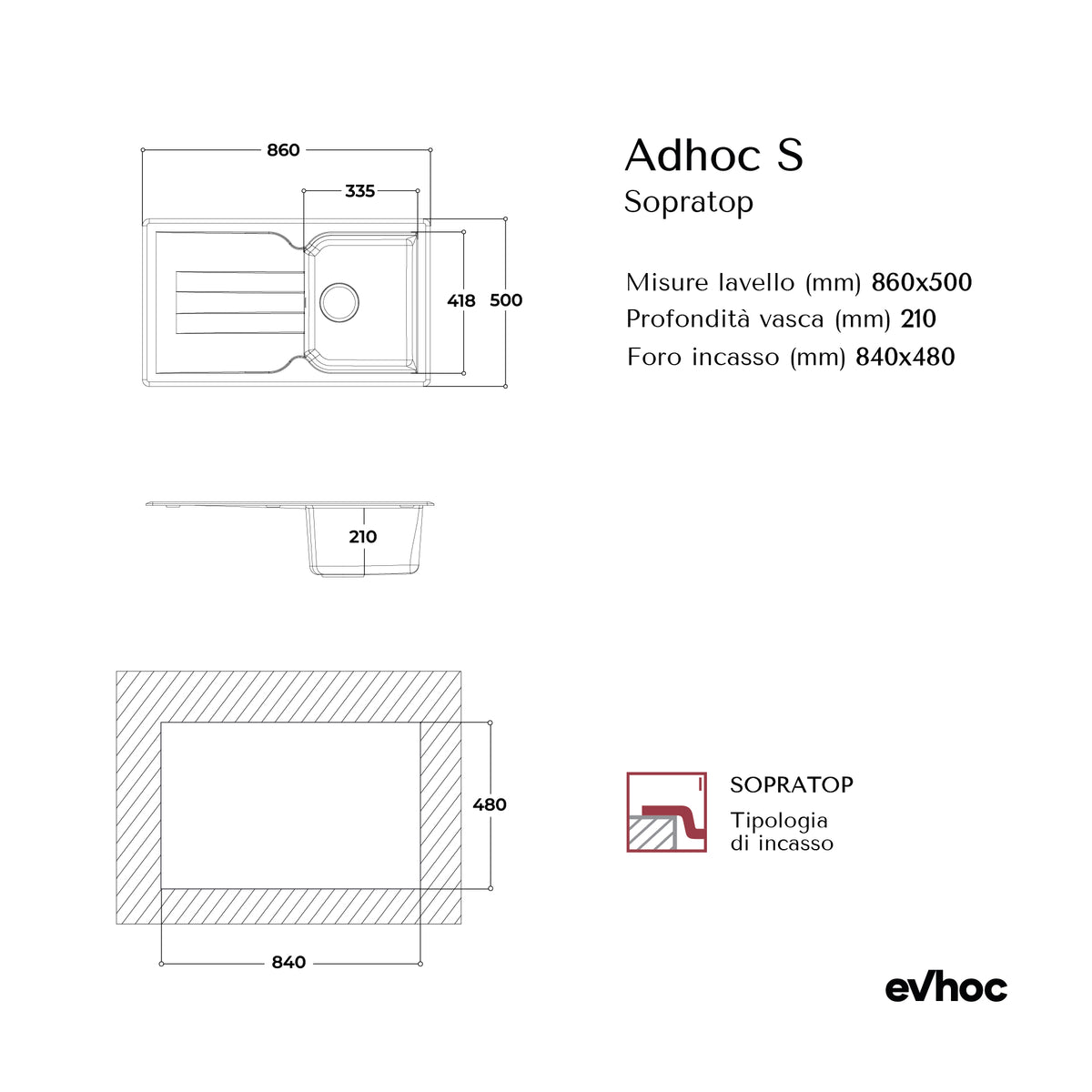 ADHOC S - Lavello in Kuarzite effetto granito Sopratop 86×50 cm