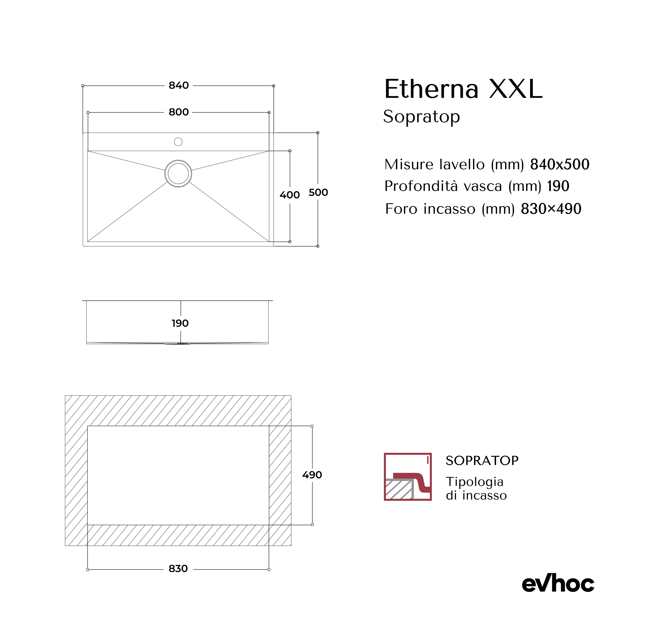 ETHERNA XXL - Lavello in acciaio inox Sopratop 84x50 cm