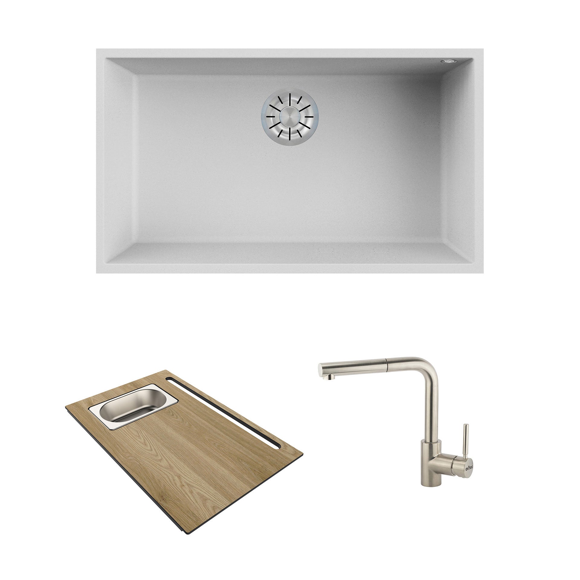 Set lavello sottotop bianco + tagliere con vaschetta + miscelatore nichel