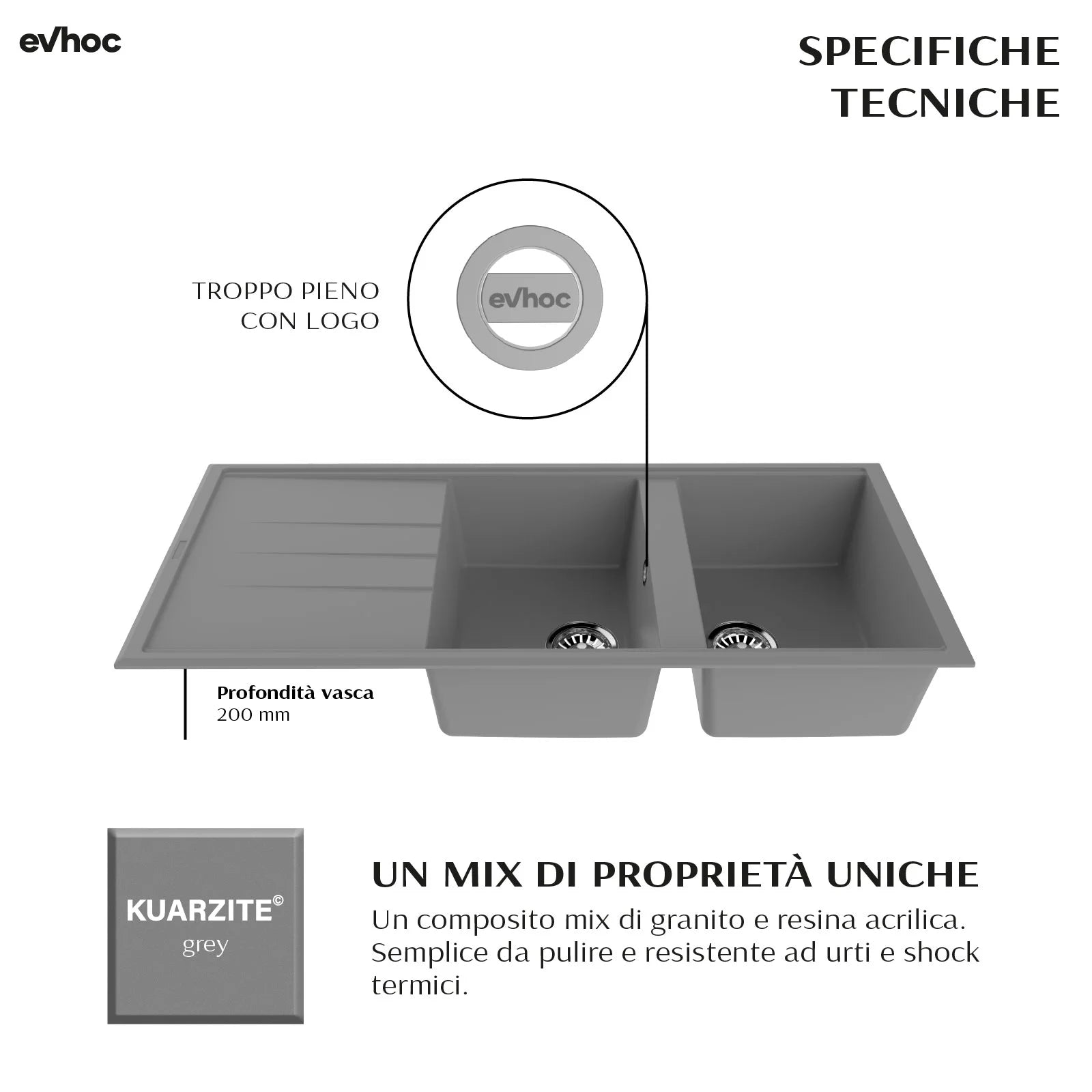 specifiche tecniche lavello da cucina in kuarzite sopratop adhoc l grigio cemento due vasche destre con gocciolatoio