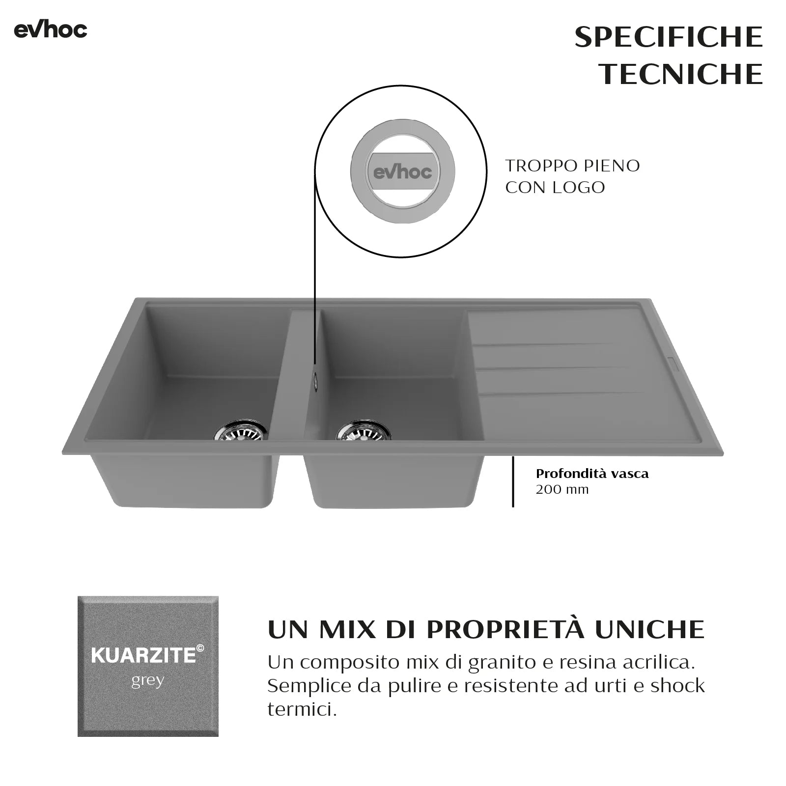 ADHOC L - Lavello in Kuarzite effetto granito Sopratop 116×50 cm