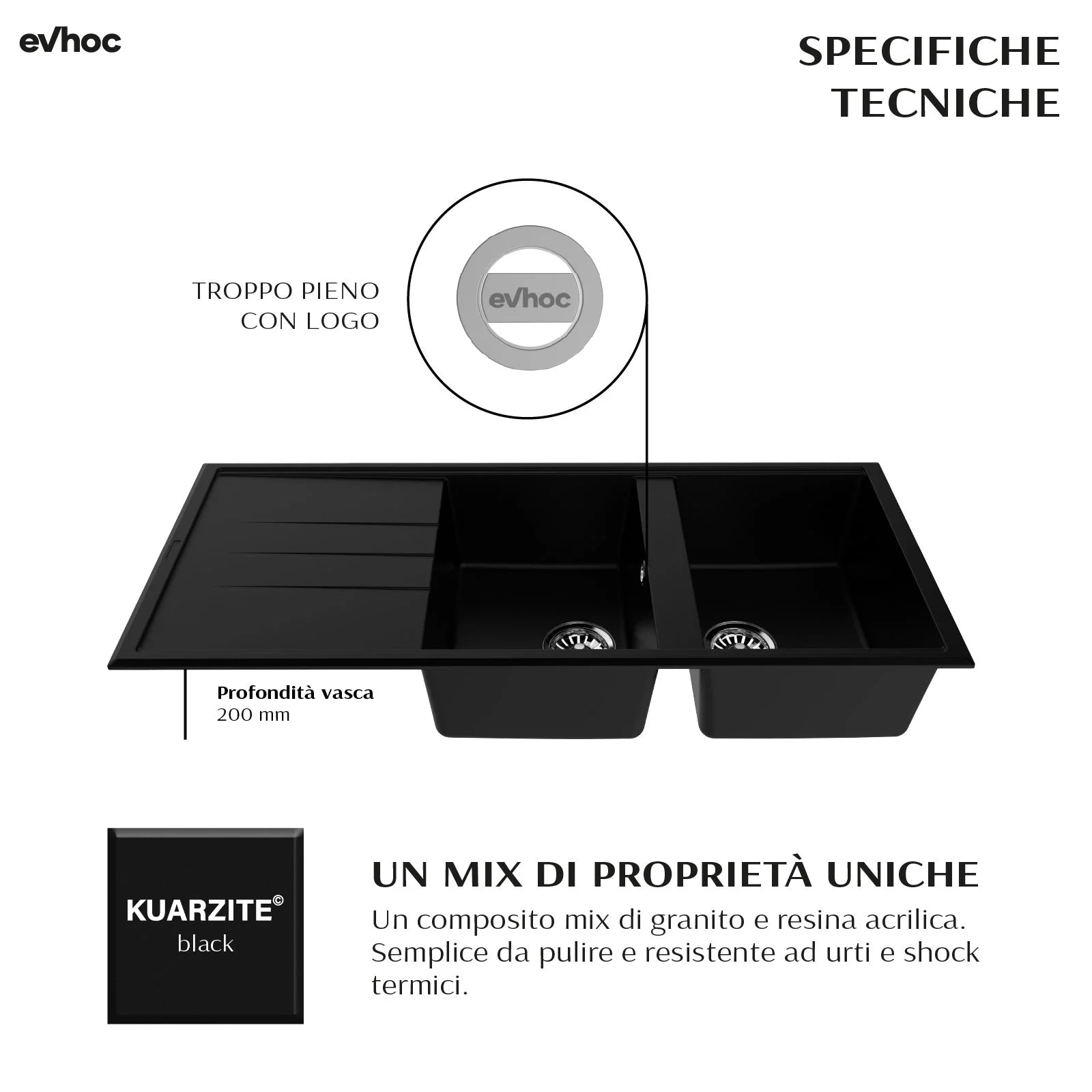 specifiche tecniche lavello da cucina in kuarzite sopratop adhoc l nero due vasche destre con gocciolatoio