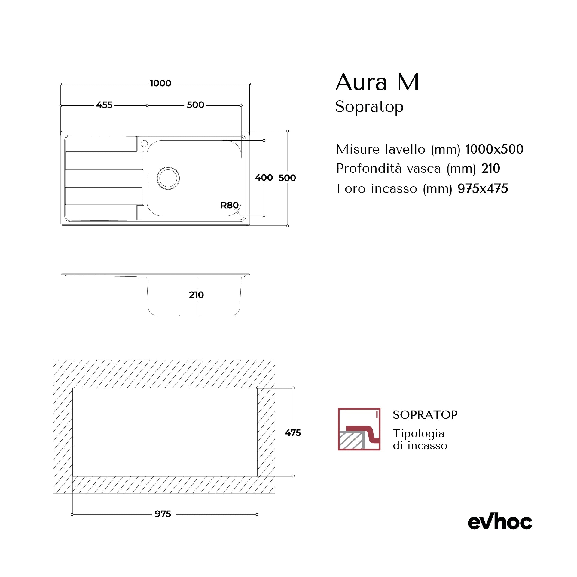 AURA M - Lavello in acciaio inox Sopratop 100x50 cm