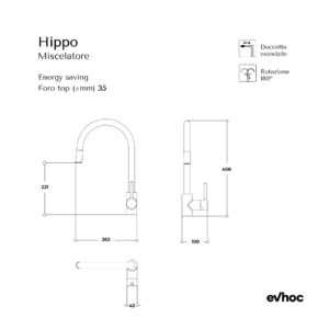 Scheda tecnica miscelatore da cucina con doccetta estraibile Hippo