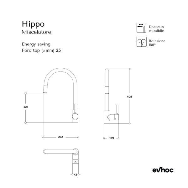 Scheda tecnica miscelatore da cucina con doccetta estraibile Hippo