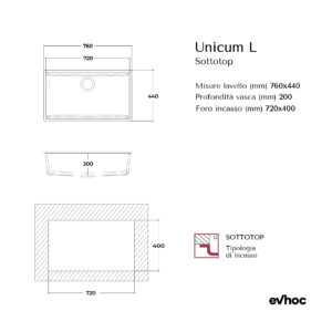 UNICUM L_SOTTOTOP Scheda tecnica lavello cucina 1 vasca sottotop kuarzite 76x44 cm