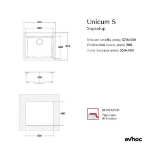 UNICUM S Scheda tecnica lavello cucina 1 vasca sopratop kuarzite 57x50 cm