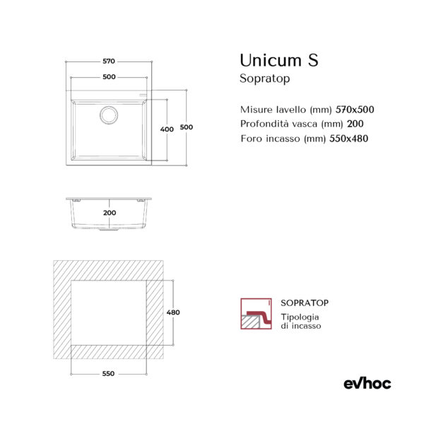 Scheda tecnica lavello cucina 1 vasca sopratop kuarzite 57x50 cm