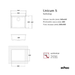 UNICUM S_SOTTOTOP Scheda tecnica lavello cucina 1 vasca sottotop kuarzite 54x44 cm