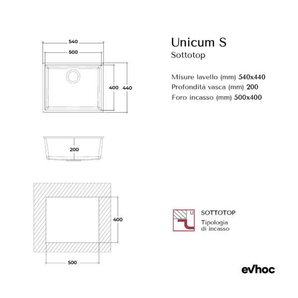 Scheda tecnica lavello cucina 1 vasca sottotop kuarzite 54x44 cm
