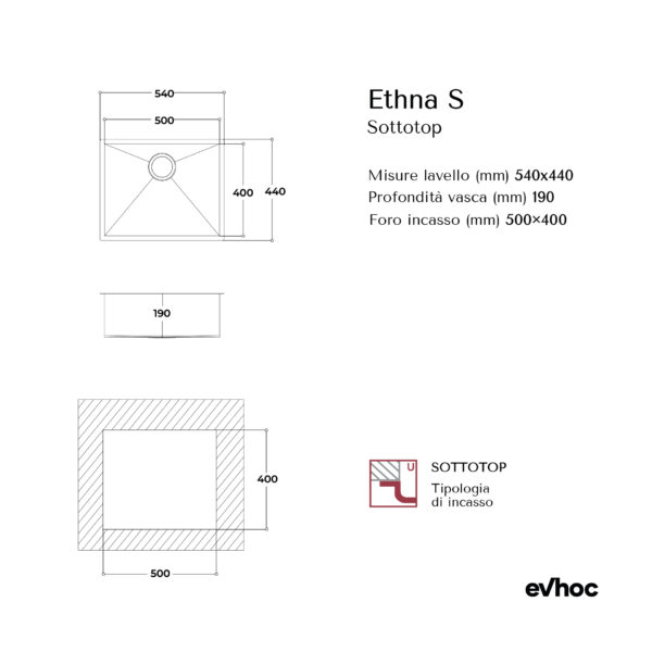 Lavello Ethna S Sottotop - Lavello in acciaio inox - Evhoc